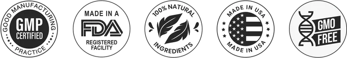 GMP Certified, Made in an FDA Registered Facility, 100% Natural Ingredients, Made in USA, Non-GMO